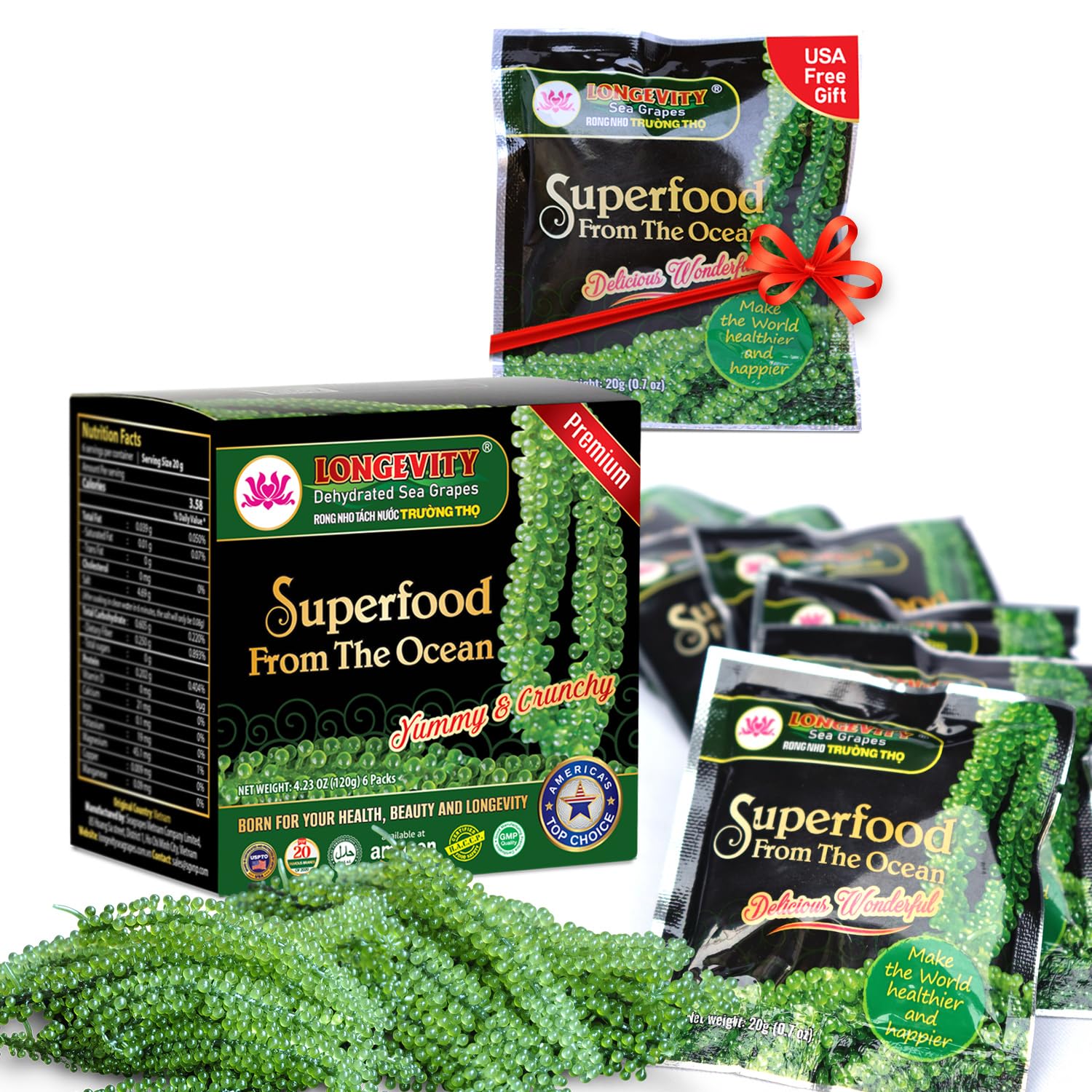 Longevity โ Sea Grapes Umibudo Green Caviar โ Original โ 6 Pack โ Dehydrated saltwater marinated - Canadian Distribution - Ships Free Within Canada on Orders Above CAD $199