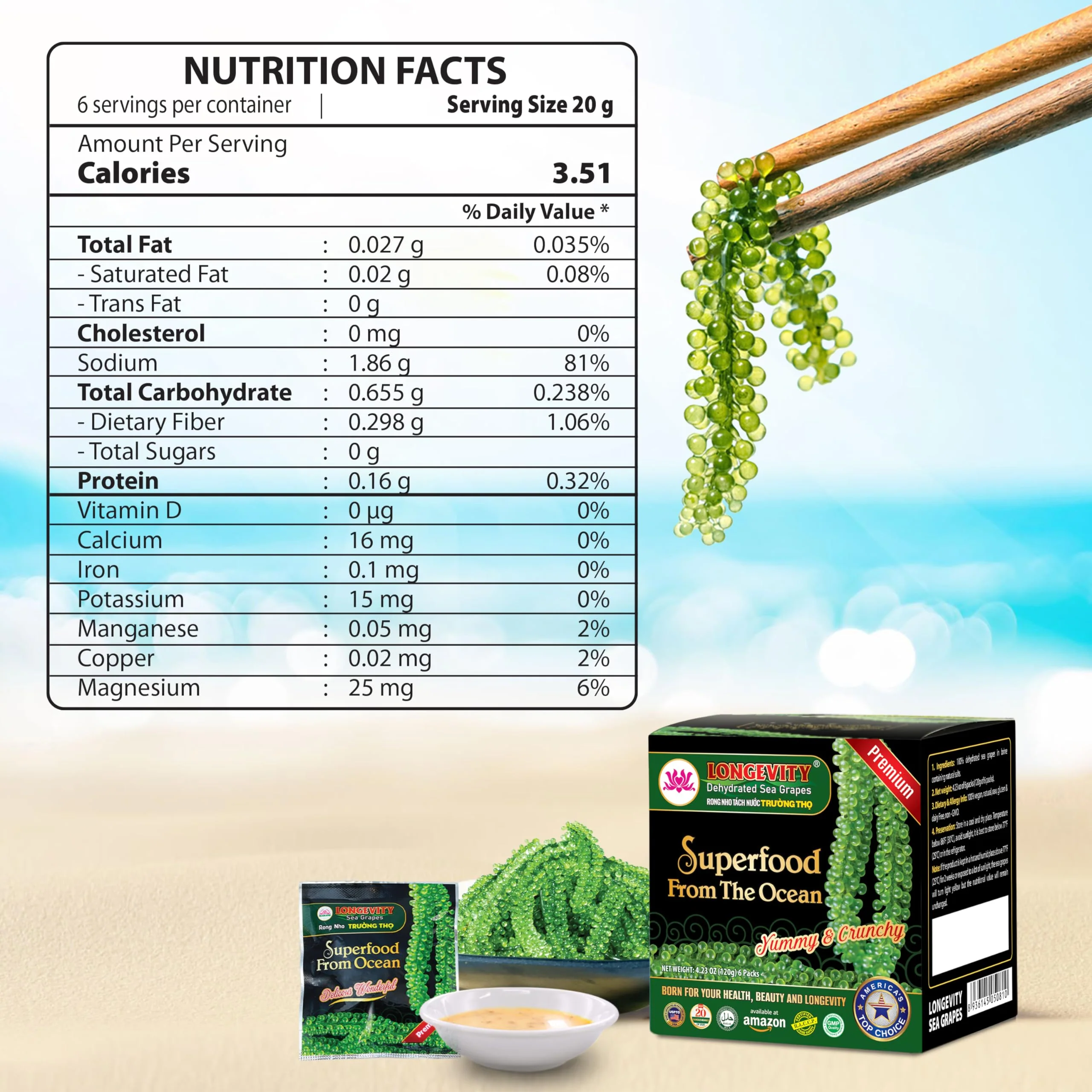 Longevity โ Sea Grapes Umibudo Green Caviar โ Original โ 6 Pack โ Dehydrated saltwater marinated - Canadian Distribution - Ships Free Within Canada on Orders Above CAD $199 - Image 6