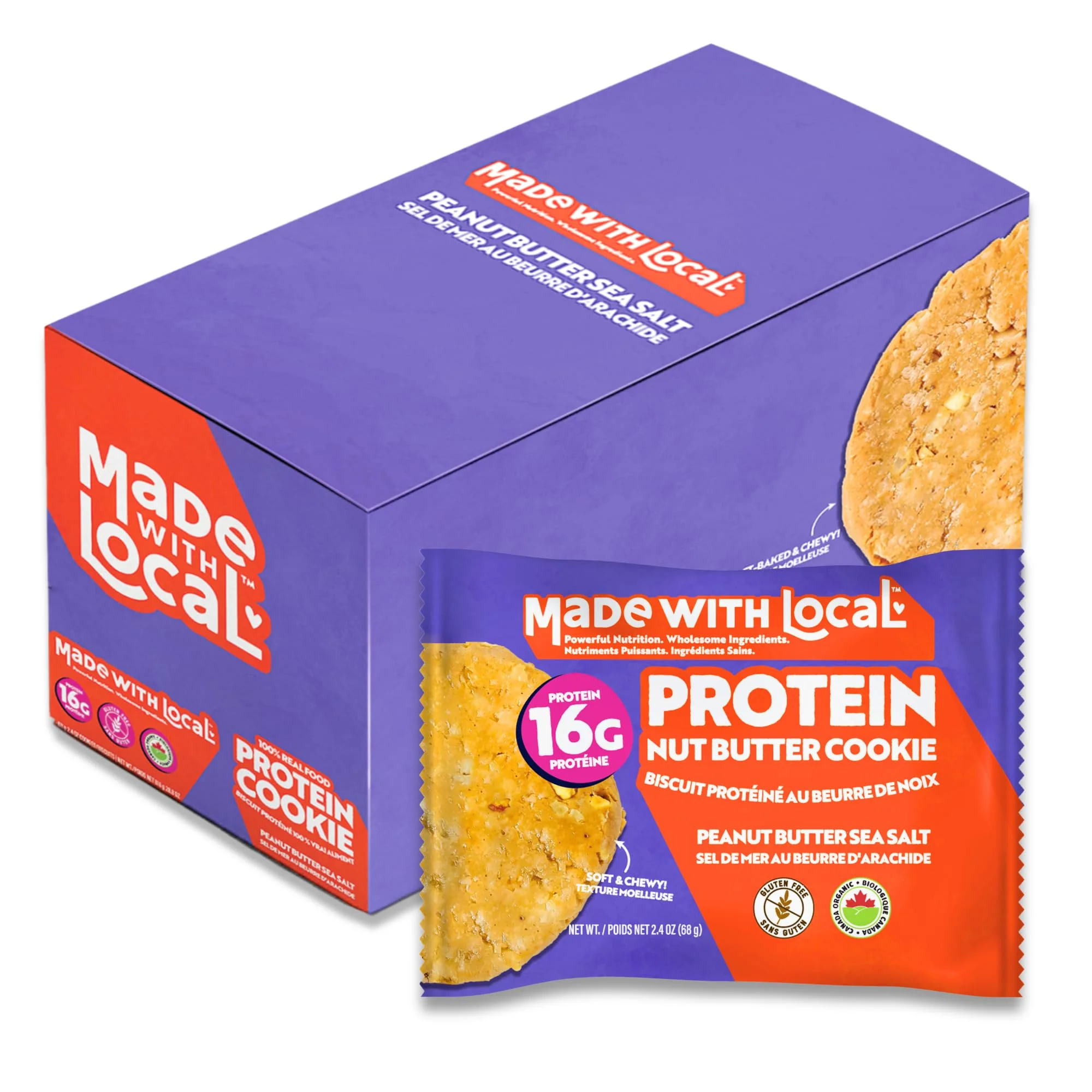 Made With Local – Protein Nut Butter Cookies – Peanut Butter Sea Salt – 12 Pack - Canadian Distribution - Ships Free Within Canada on Orders Above CAD $199