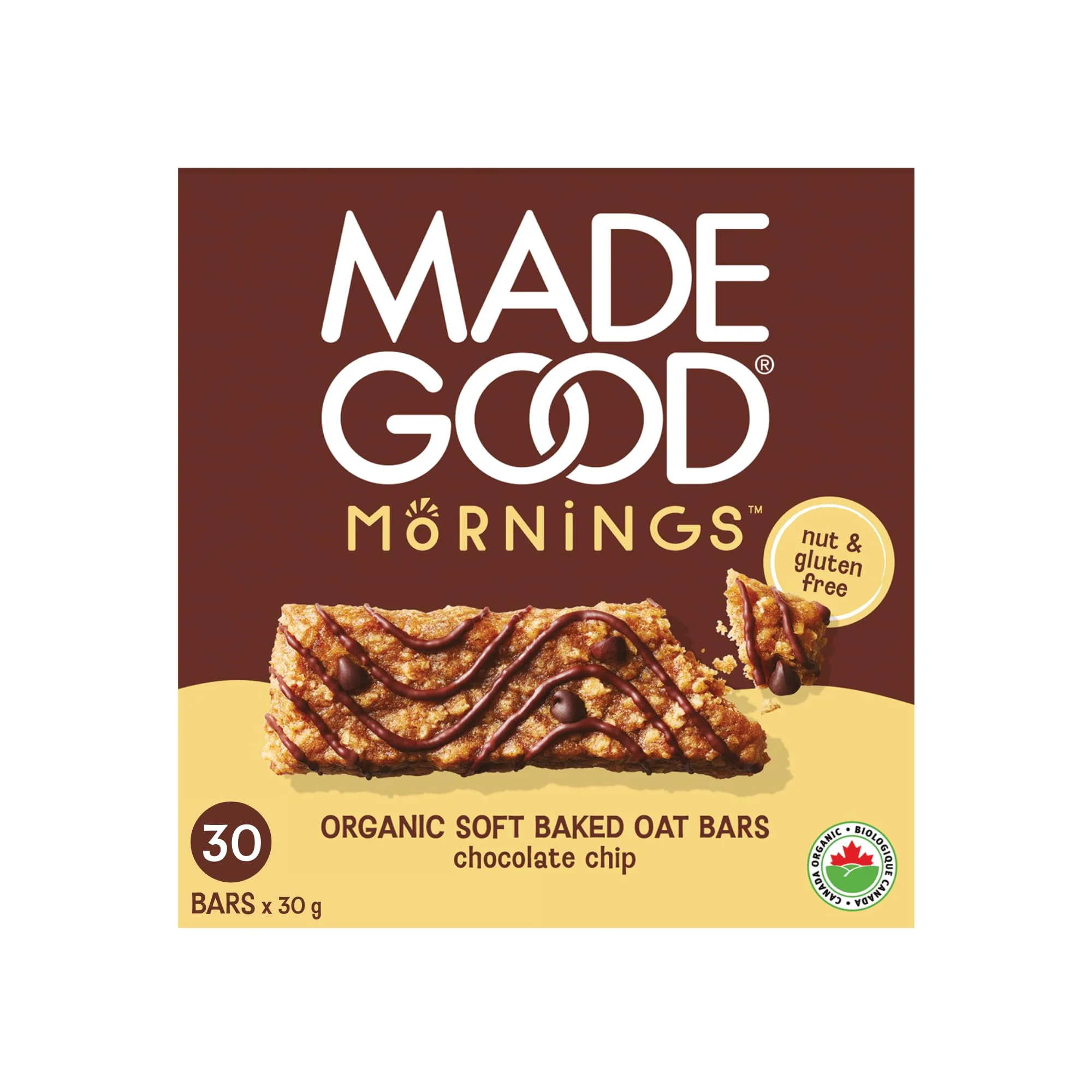 MadeGood – Mornings Soft-Baked Breakfast Bars – Chocolate Chip – 30 Pack - Canadian Distribution - Ships Free Within Canada on Orders Above CAD $199