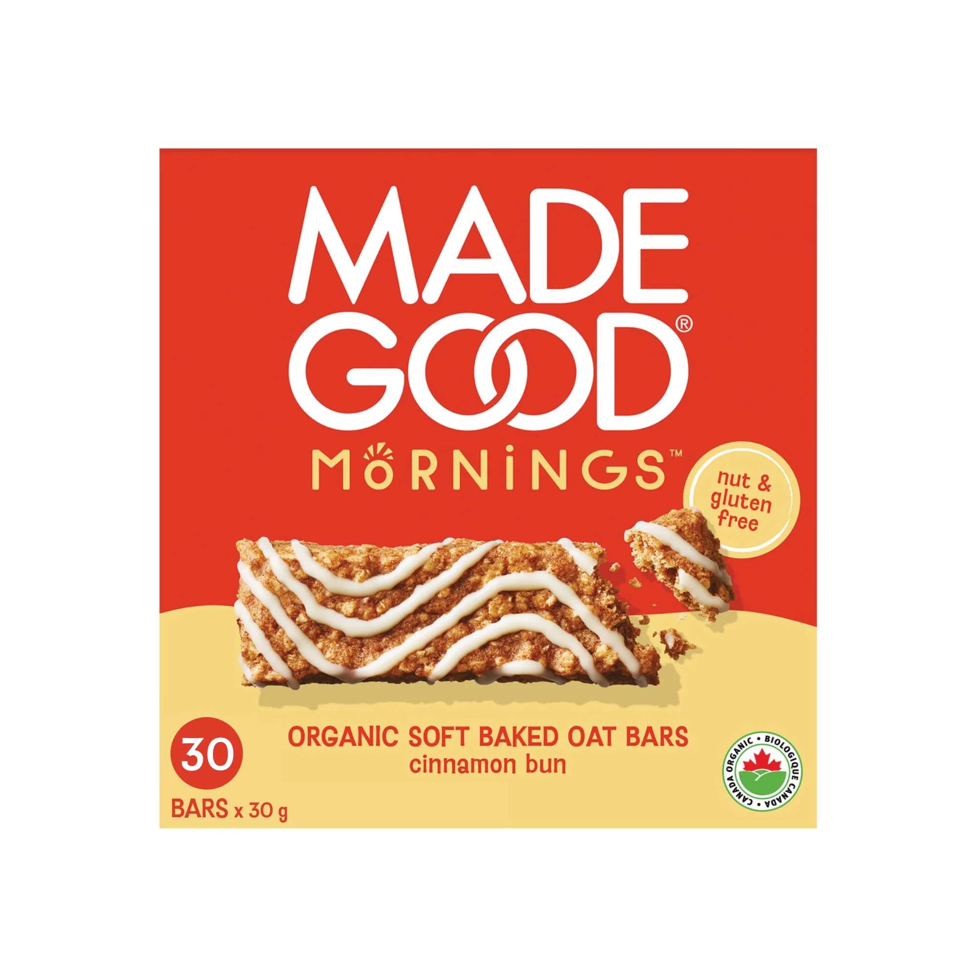 MadeGood – Mornings Soft Baked Breakfast Bar – Cinnamon Bun – 30 x 30g - Canadian Distribution - Ships Free Within Canada on Orders Above CAD $199