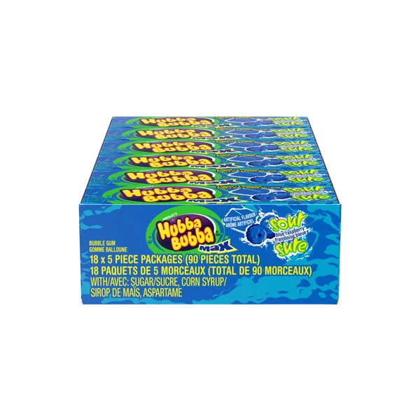 Max Sour Blue Raspberry - 4 Cases x 18 Packs x 5 - Hubba Bubba - Canadian Distribution - Ships Free Within Canada on Orders Above CAD $199