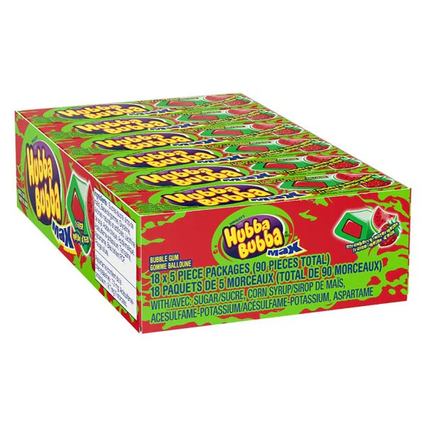 Max Strawberry Watermelon - 4 Cases x 18 Packs x 5 Pieces - Hubba Bubba - Canadian Distribution - Ships Free Within Canada on Orders Above CAD $199