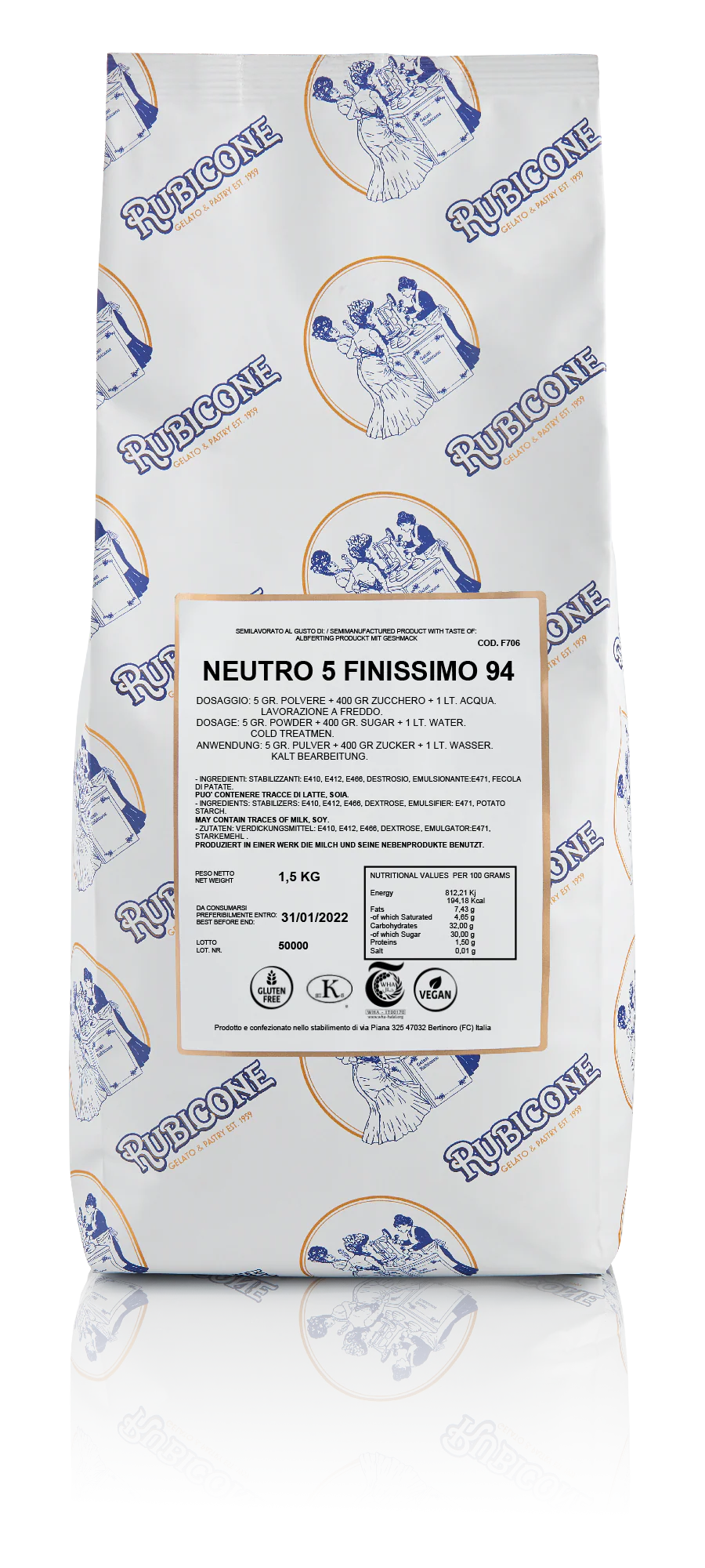 "PRE-ORDER" Neutro 5 Finissimo 94 - Gelato Bases - Fruit Bases - Cold and Hot Process - Case of 8 x 1.5 KG bags - Rubicone Canada - Ships Free Within Canada on Orders Above CAD $199 - Image 2