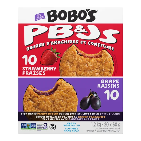 PB&J's Strawberry / Grape Oat Crust with Fruit Filling - 4 Boxes x 20 Crusts x 60 g - Bobo's - Canadian Distribution - Ships Free Within Canada on Orders Above CAD $199