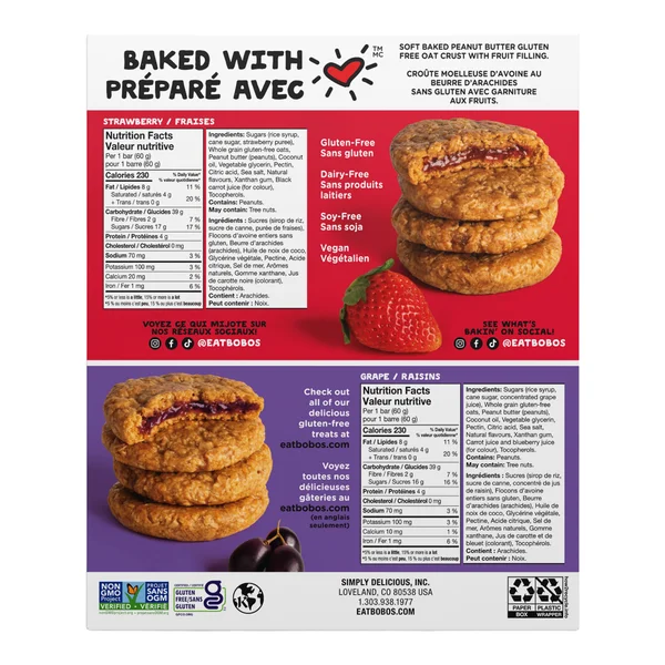 PB&J's Strawberry / Grape Oat Crust with Fruit Filling - 4 Boxes x 20 Crusts x 60 g - Bobo's - Canadian Distribution - Ships Free Within Canada on Orders Above CAD $199 - Image 3