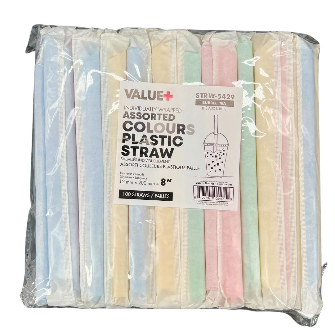 Value+ - 8" - Case of 1000 Assorted Colours Plastic Straws- Bubble Tea- Sharp End - Paper Wrapped - 12 mm - Image 4