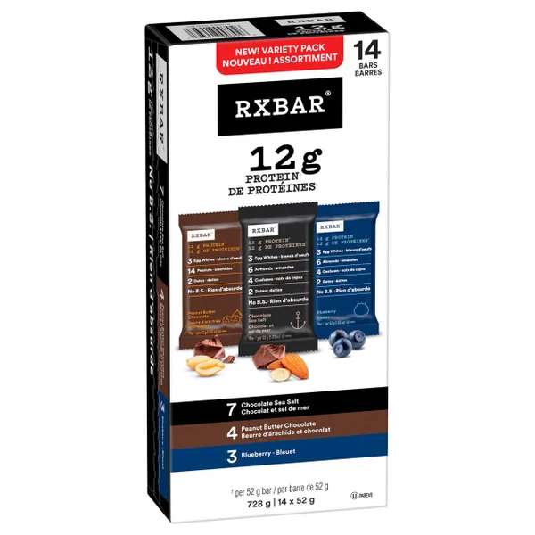 Protein Variety Pack - 4 Cases x 14 Packs x 52 g - Rxbar - Canadian Distribution - Ships Free Within Canada on Orders Above CAD $199