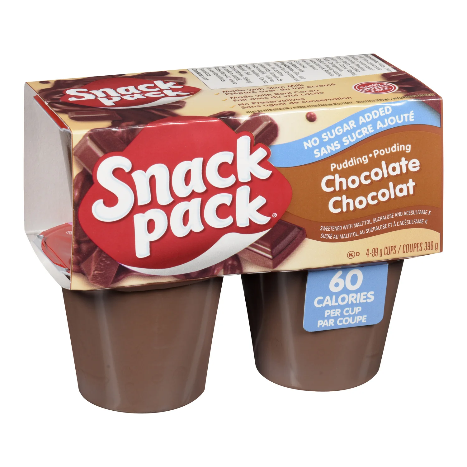 Pudding Chocolate No Sugar Added - 48 x 99 g - Snack Pack - Baking Mixes and Ingredients - Canadian Distribution - Ships Free Within Canada on Orders Above CAD $199