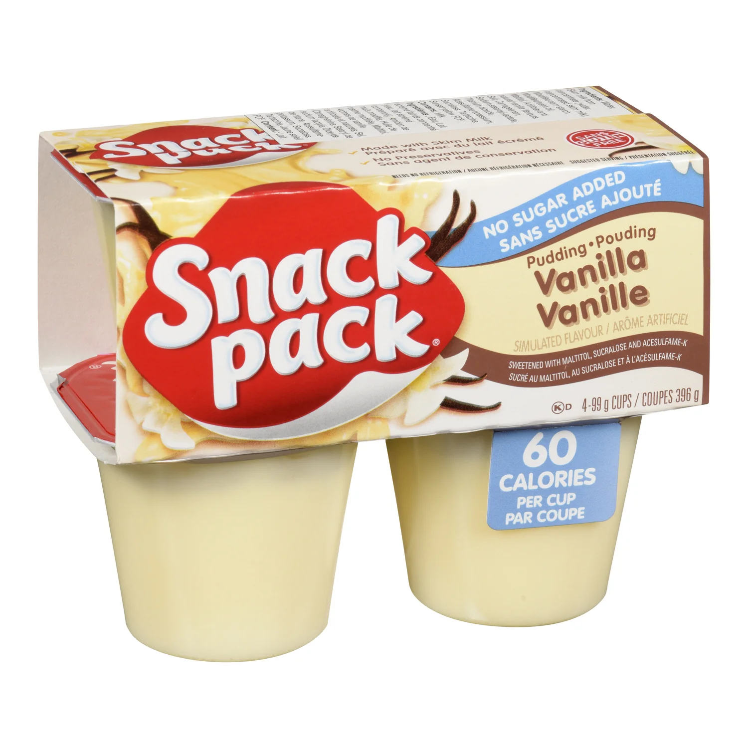 Pudding Vanilla No Sugar Added - 48 x 99 g - Snack Pack - Baking Mixes and Ingredients - Canadian Distribution - Ships Free Within Canada on Orders Above CAD $199