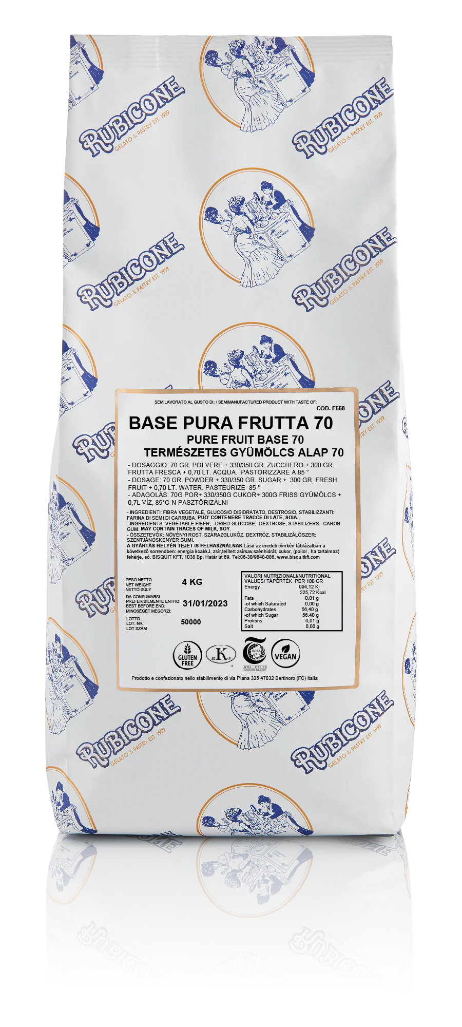 "PRE-ORDER" Pure Fruit Base 70 - Gelato Bases - Fruit Bases - Hot Process - Case of 4 x 4 KG bags - Rubicone Canada - Ships Free Within Canada on Orders Above CAD $199 - Image 2