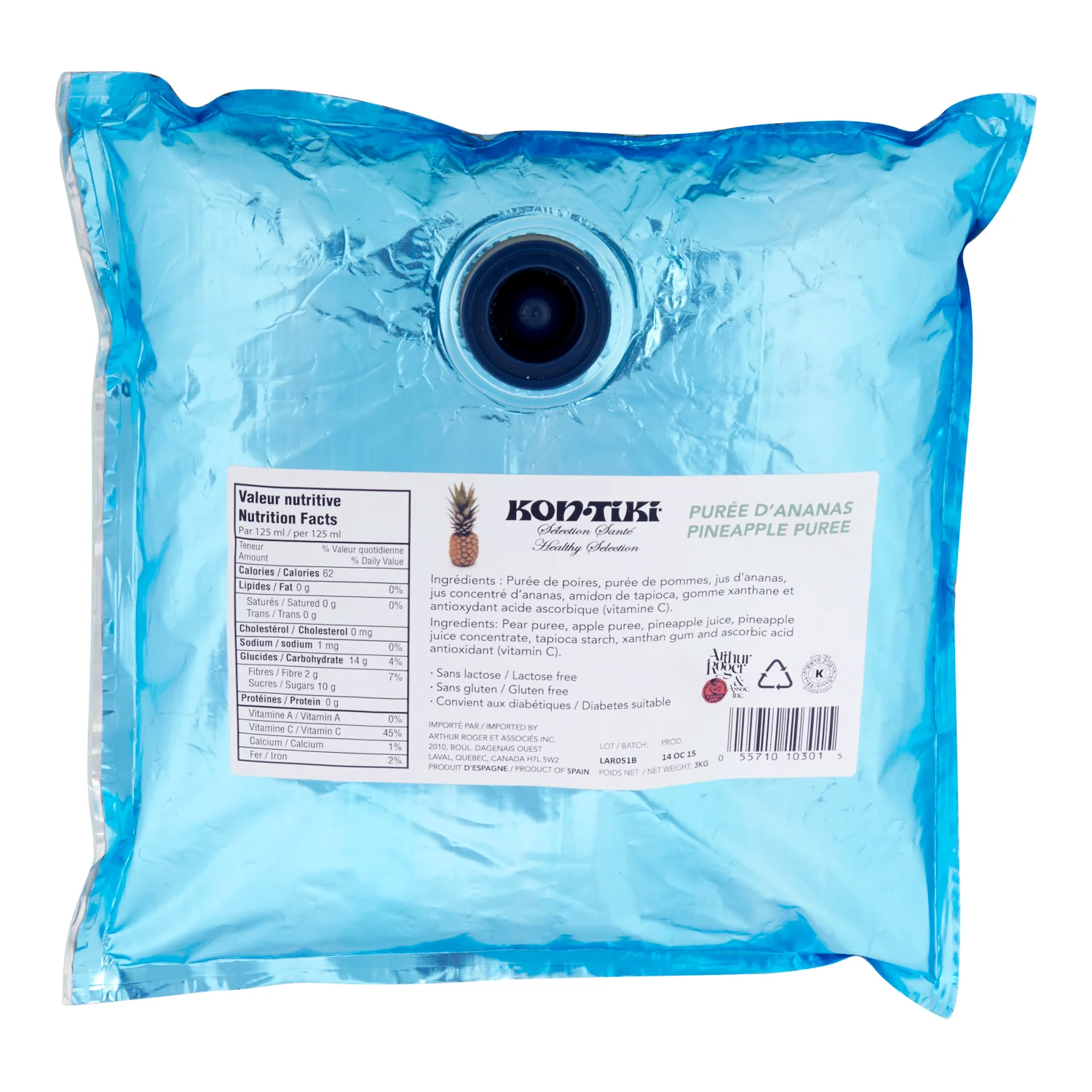 Puree Pineapple - 4 x 3 L - Kontiki - Restaurant and Foodservice Ingredients - Canadian Distribution - Ships Free Within Canada on Orders Above CAD $199