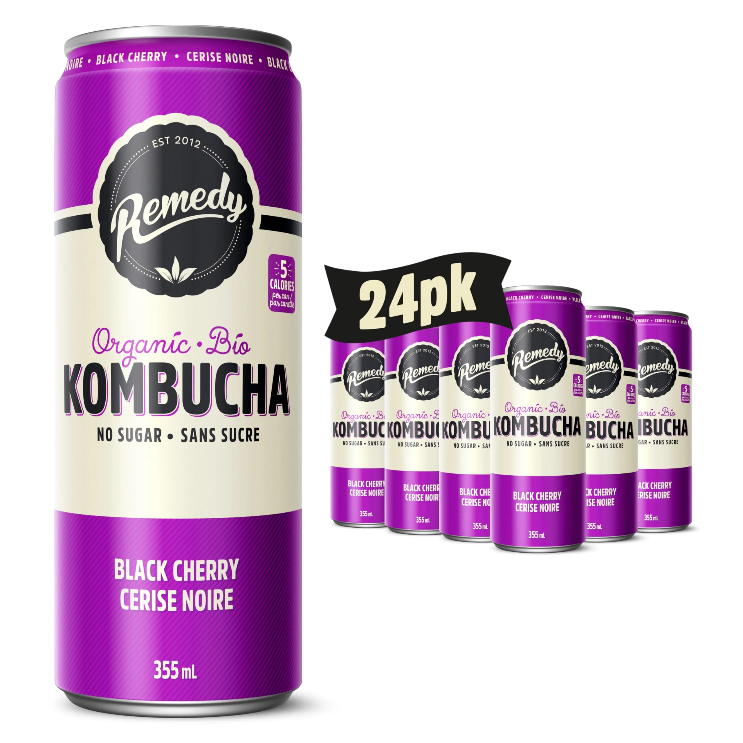 Remedy โ Kombucha โ Black Cherry โ 24 ร 355mL โ Sugar free - Canadian Distribution - Ships Free Within Canada on Orders Above CAD $199