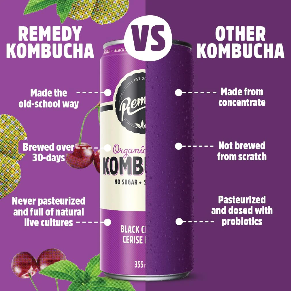 Remedy โ Kombucha โ Black Cherry โ 24 ร 355mL โ Sugar free - Canadian Distribution - Ships Free Within Canada on Orders Above CAD $199 - Image 5