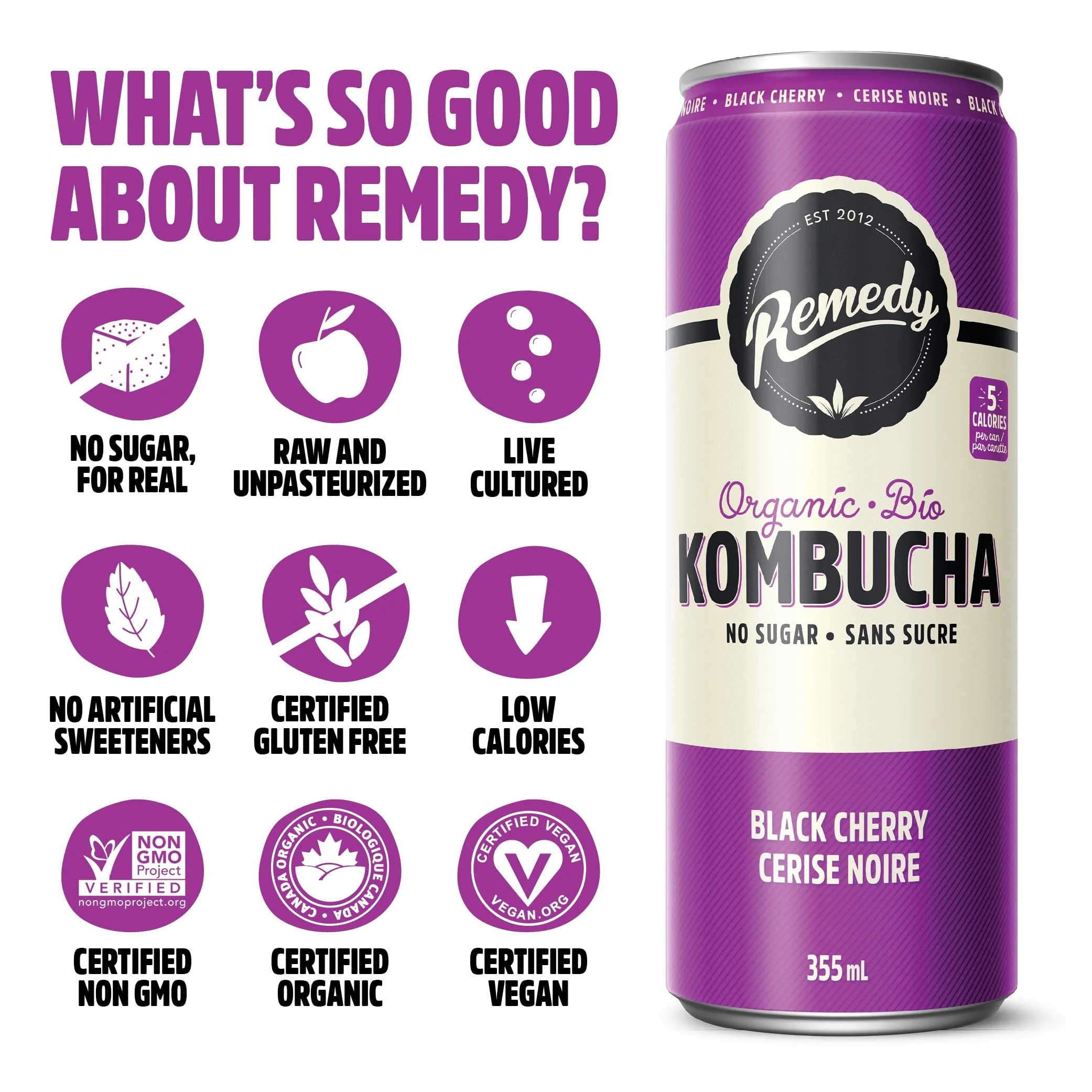 Remedy โ Kombucha โ Black Cherry โ 24 ร 355mL โ Sugar free - Canadian Distribution - Ships Free Within Canada on Orders Above CAD $199 - Image 6