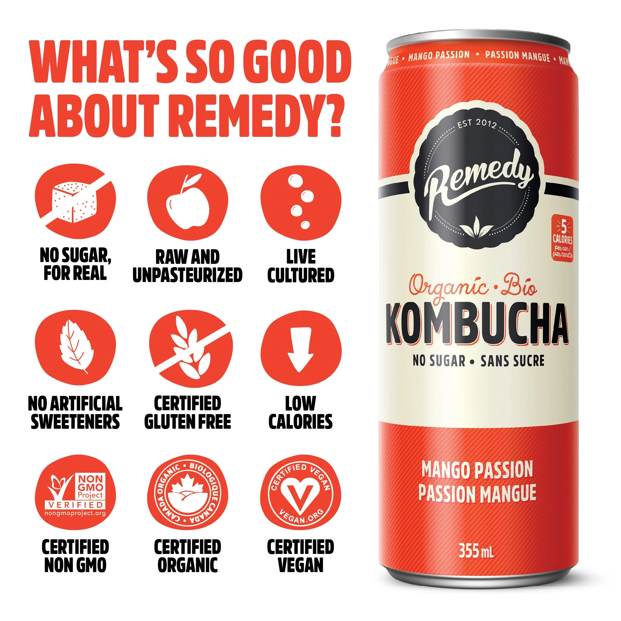 Remedy โ Kombucha โ Mango Passion โ 24 ร 355mL โ Sugar free - Canadian Distribution - Ships Free Within Canada on Orders Above CAD $199 - Image 6