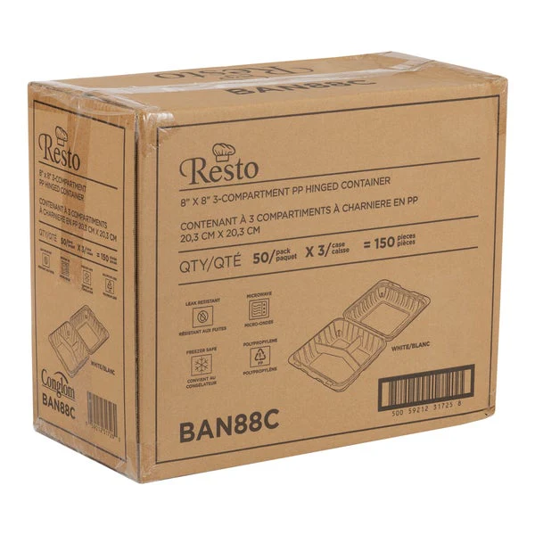 Resto Hinged 3-compartment MFPP Container 8 in Ă— 8 in - Pack of 150 - Disposables, Restaurant Packaging and Take-Out Supplies - Canadian Distribution - Ships Free Within Canada on Orders Above CAD $199 - Image 3