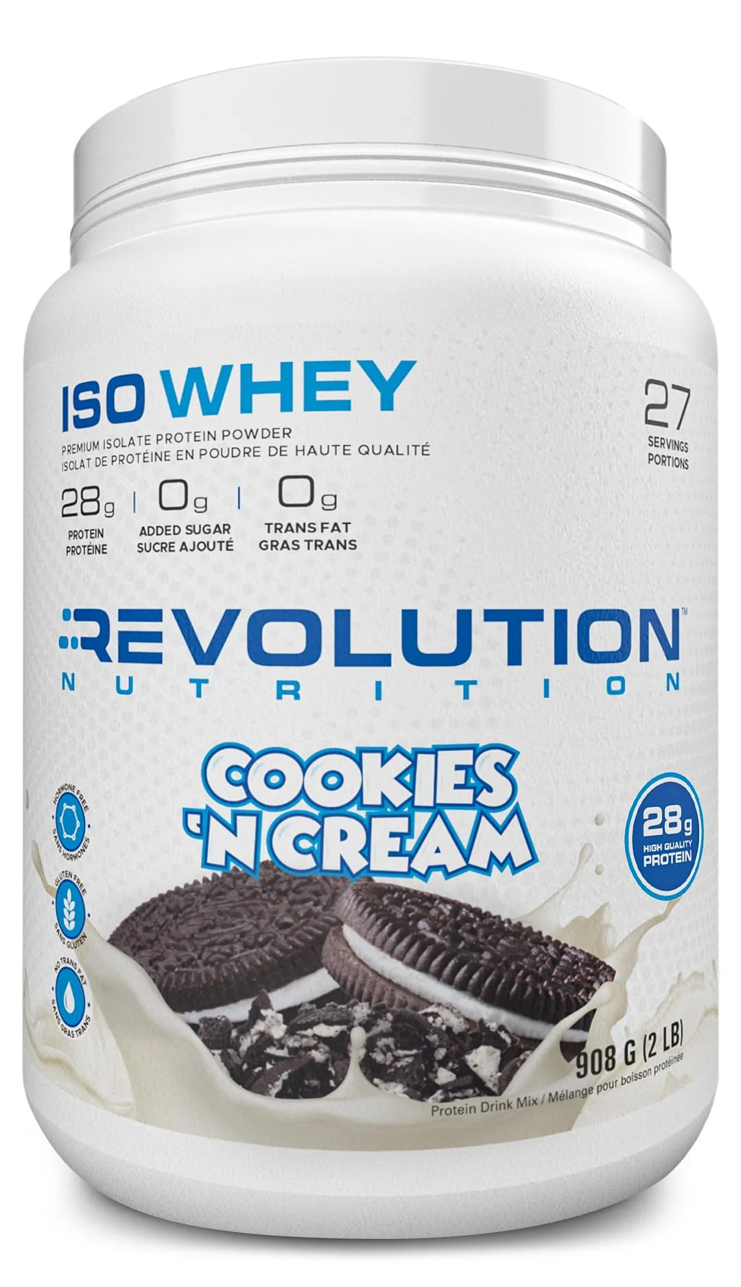 Revolution Nutrition – Iso Whey Protein Powder – Cookies and Cream – 2lb – 100 percent isolate - Canadian Distribution - Ships Free Within Canada on Orders Above CAD $199