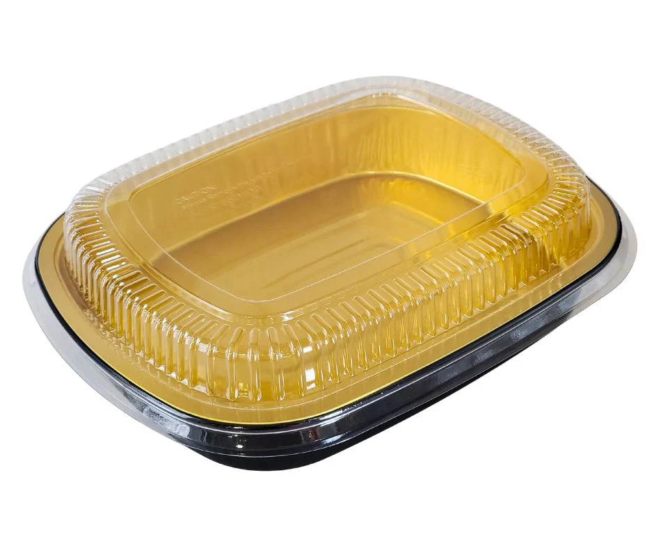 Rhino-Foil - Medium (53oz) Black & Gold Foil Cont. w/ Clear Dome Lid - Image 2