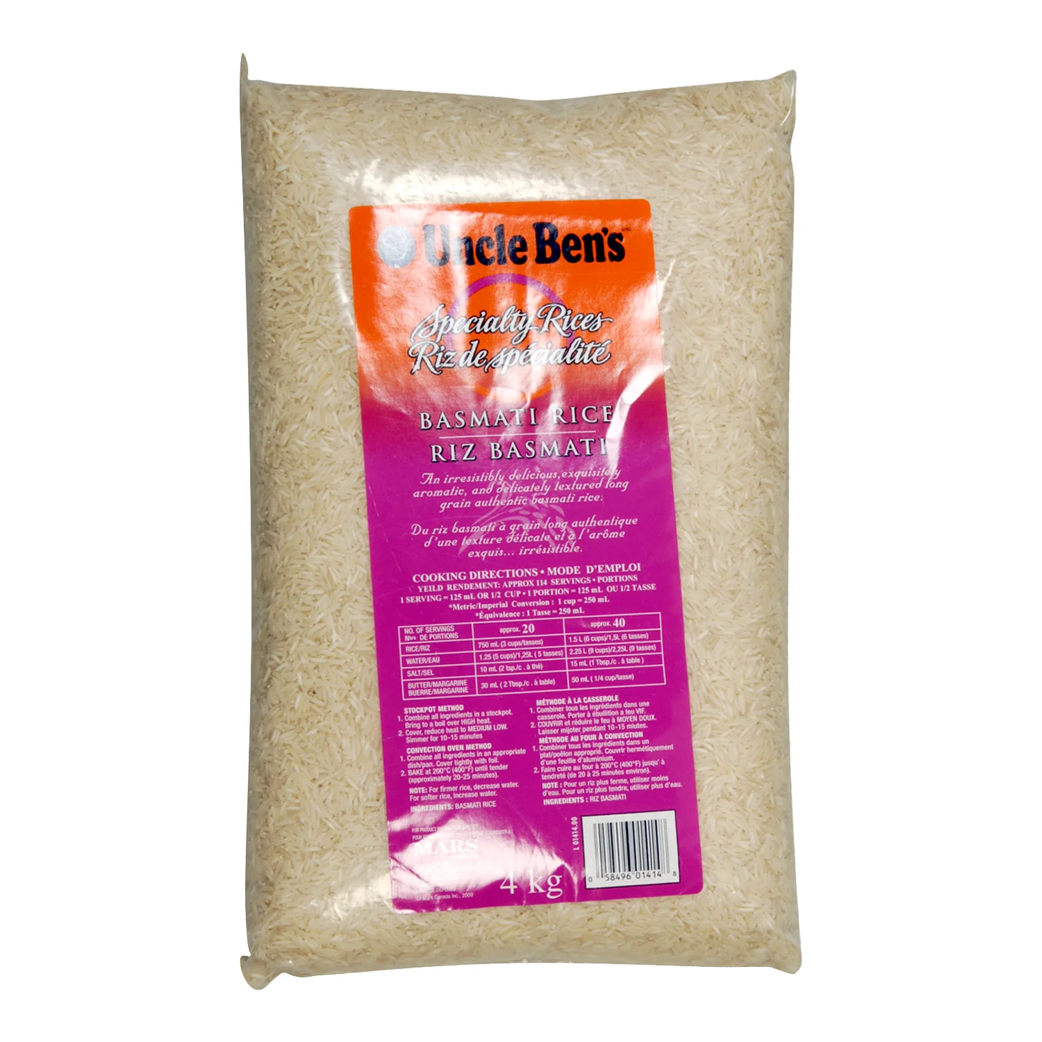 Rice Basmati - 2 x 4 kg - Uncle Bens - Restaurant and Foodservice Ingredients - Canadian Distribution - Ships Free Within Canada on Orders Above CAD $199