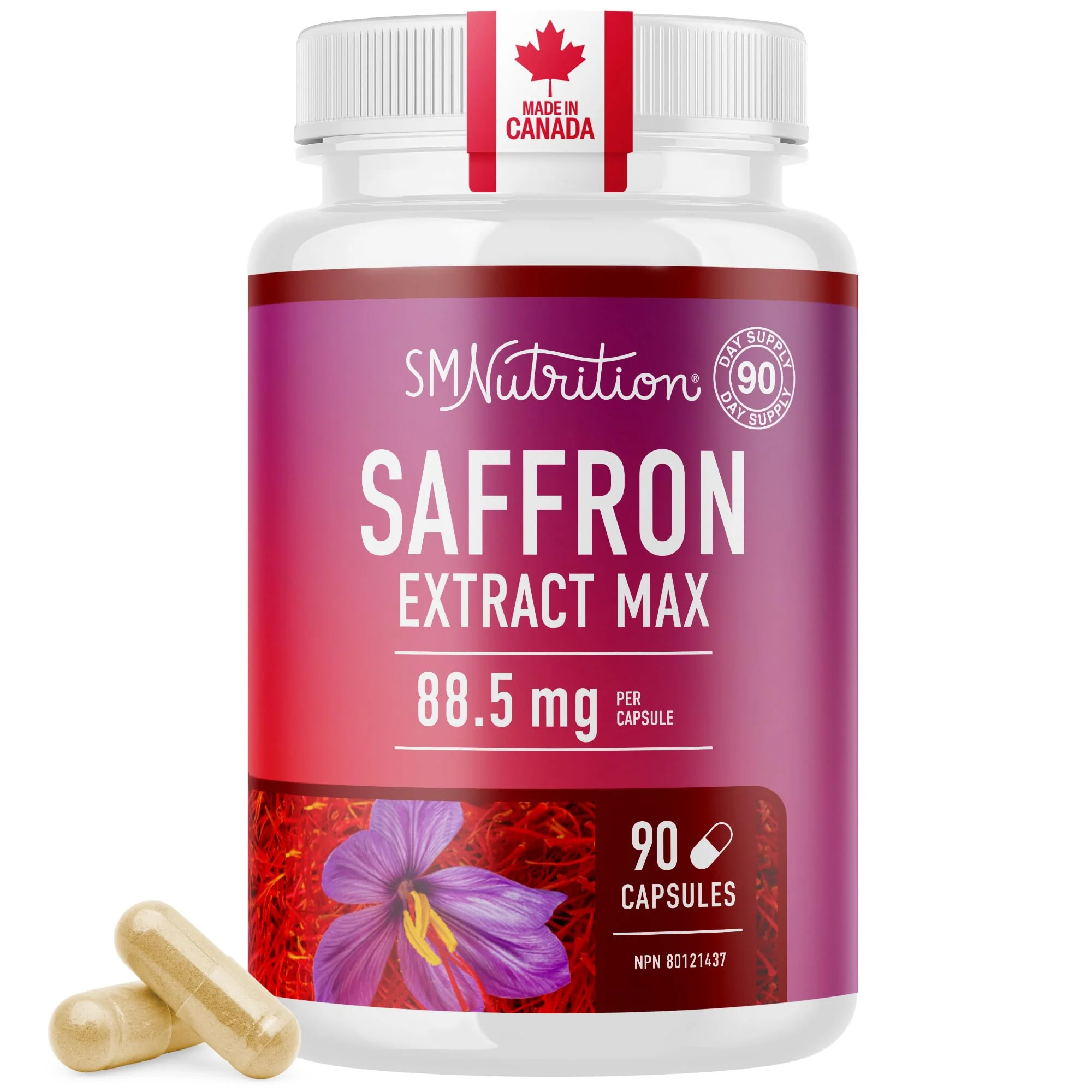 Saffron Extract Supplement - 88.5mg - 90 Capsules - 3:1 Ratio - Vegetarian - Canadian Distribution - Ships Free Within Canada on Orders Above CAD $199