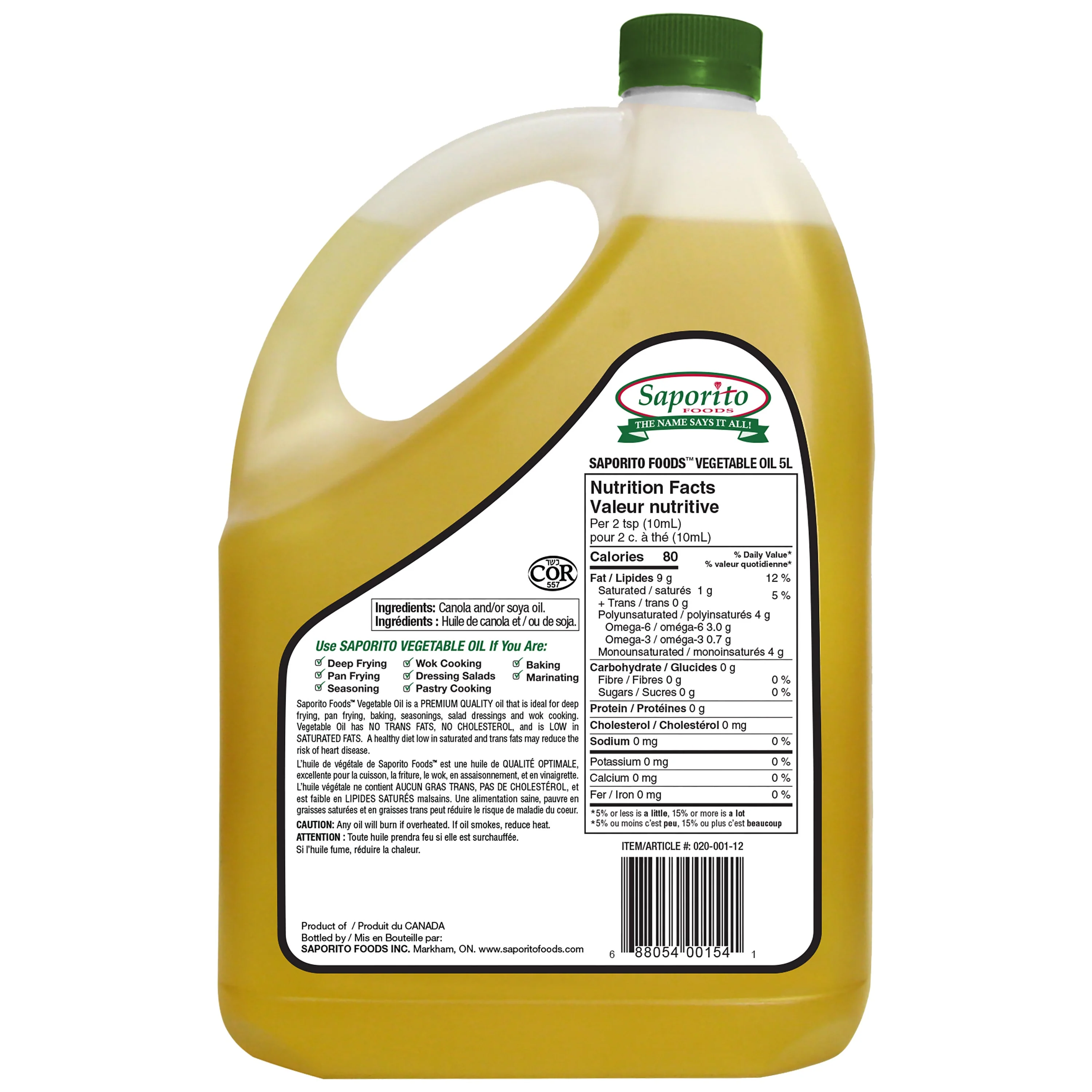 Saporito Vegetable Oil - 4 x 5 L - Grocery and Food Items - Canadian Distribution - Ships Free Within Canada on Orders Above CAD $199