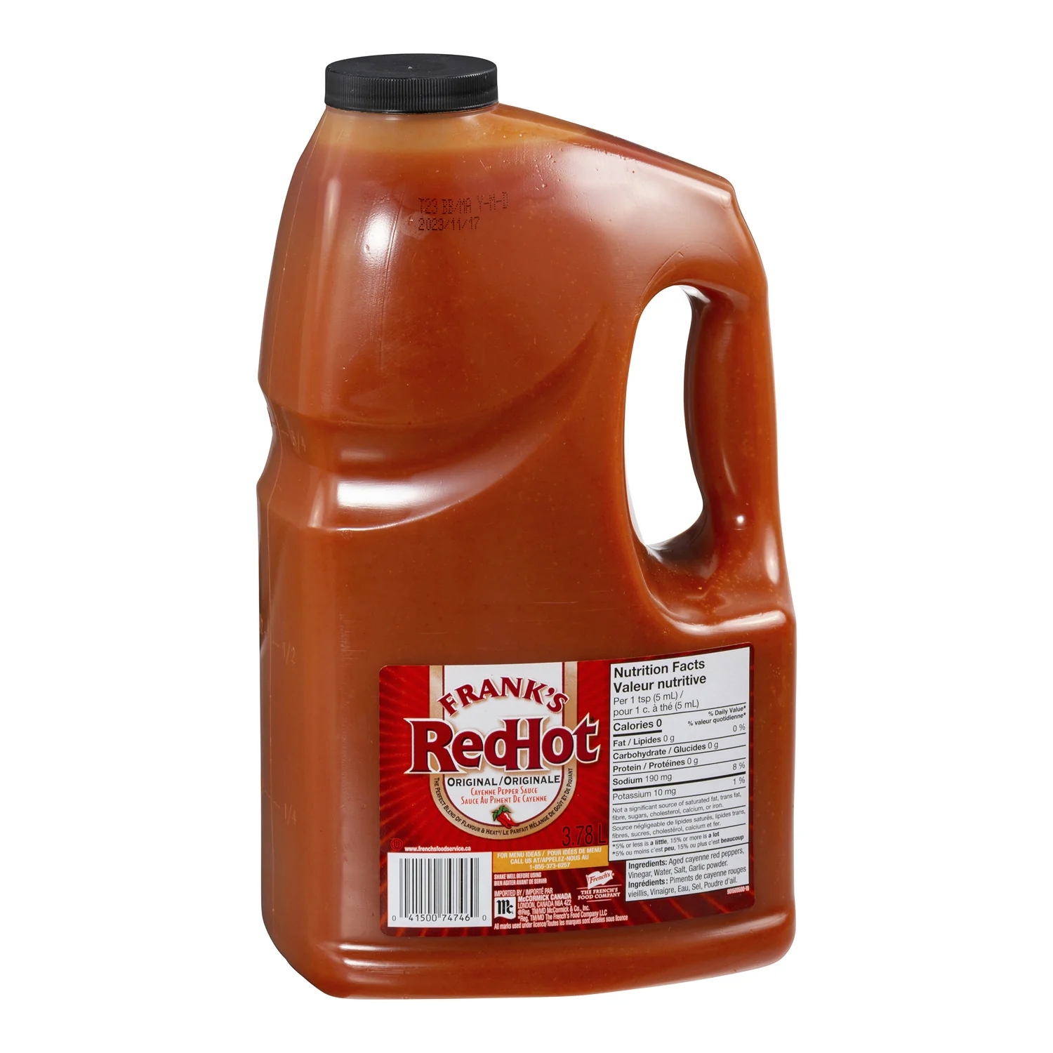 Sauce Cayenne Redhot Pepper - 4 x 3.78 L (Case = 1 x 3.78 L) - Franks - Restaurant and Foodservice Ingredients - Canadian Distribution - Ships Free Within Canada on Orders Above CAD $199