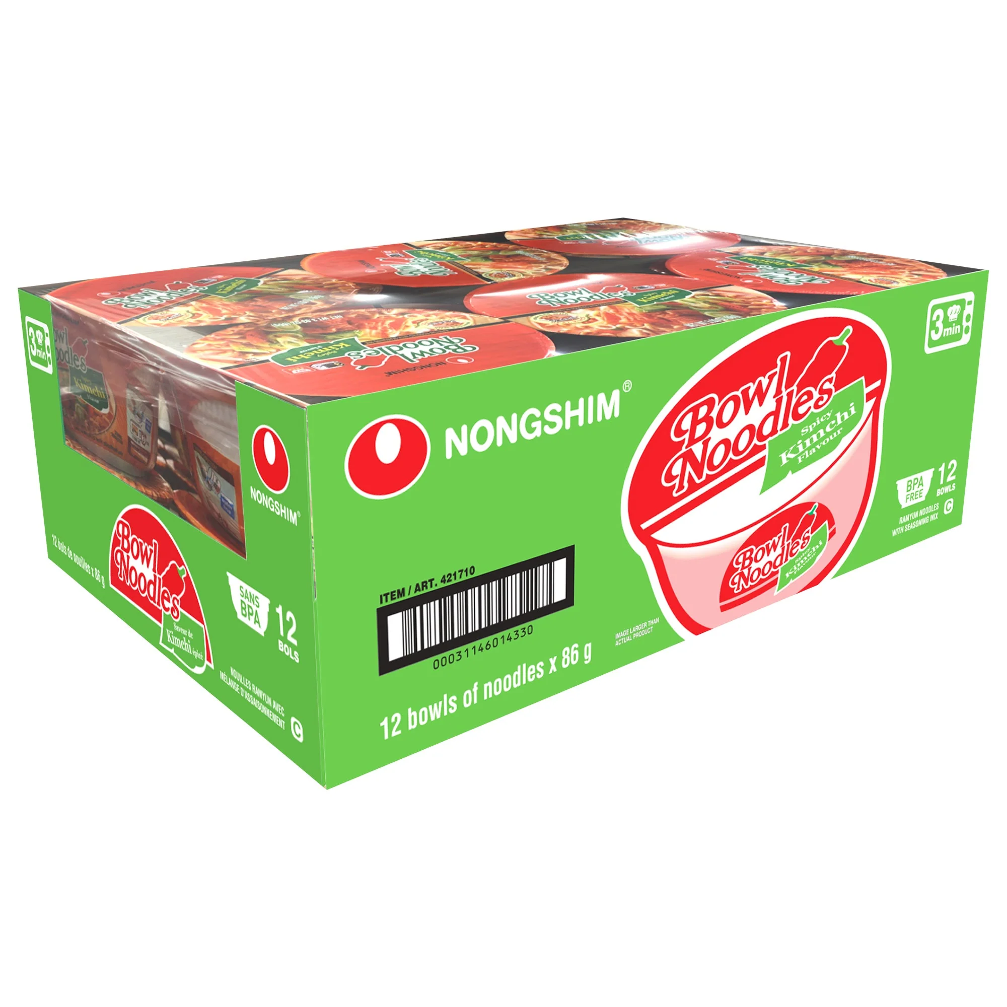 Spicy Kimchi Noodle Soup Bowls - 4 Cases x 12 Bowls x 86 g - Nongshim - Canadian Distribution - Ships Free Within Canada on Orders Above CAD $199