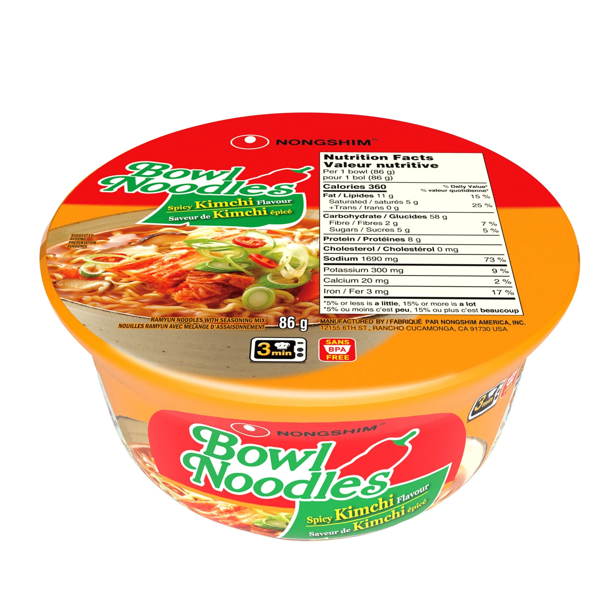 Spicy Kimchi Noodle Soup Bowls - 4 Cases x 12 Bowls x 86 g - Nongshim - Canadian Distribution - Ships Free Within Canada on Orders Above CAD $199 - Image 2