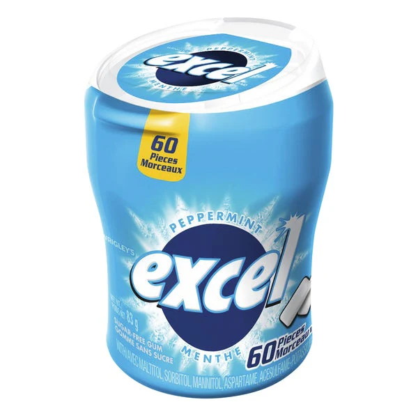 Sugar-free Peppermint Gum Bottles - 4 Cases x 6 Bottles x 60 - Excel - Canadian Distribution - Ships Free Within Canada on Orders Above CAD $199
