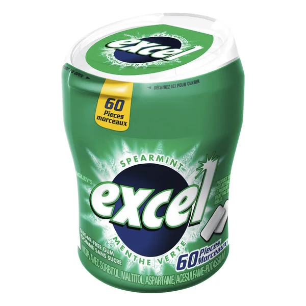 Sugar-free Spearmint Gum Bottles - 4 Cases x 6 Bottles x 60 Pieces - Excel - Canadian Distribution - Ships Free Within Canada on Orders Above CAD $199