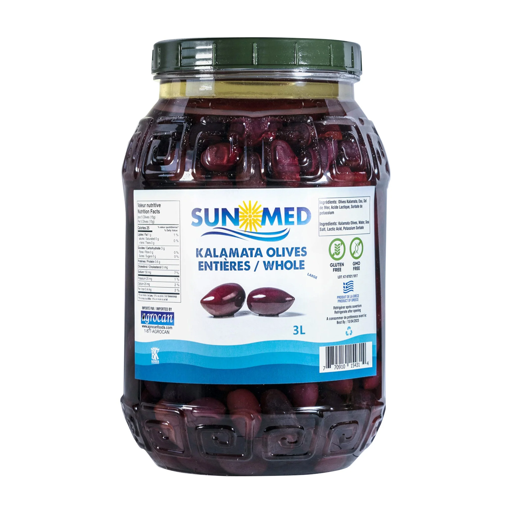 Sun Med Kalamata Olives - 4 x 3 L - Grocery and Food Items - Canadian Distribution - Ships Free Within Canada on Orders Above CAD $199