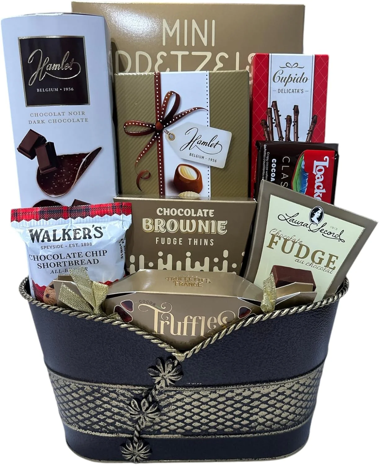 Supreme Gift Basket - Includes pretzels, brownies, Belgium chocolate, fudge and more.