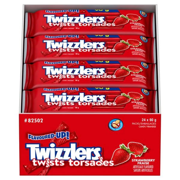 Twists Strawberry Candy - 4 Cases x 24 Packs x 90 g - Twizzlers - Canadian Distribution - Ships Free Within Canada on Orders Above CAD $199