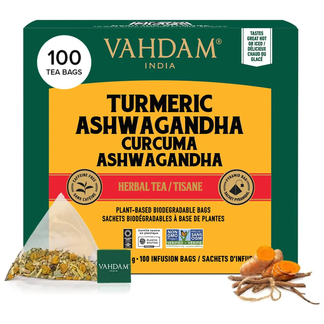 VAHDAM – Turmeric Ashwagandha Tea – Herbal – 100 Count – Caffeine free blend - Canadian Distribution - Ships Free Within Canada on Orders Above CAD $199