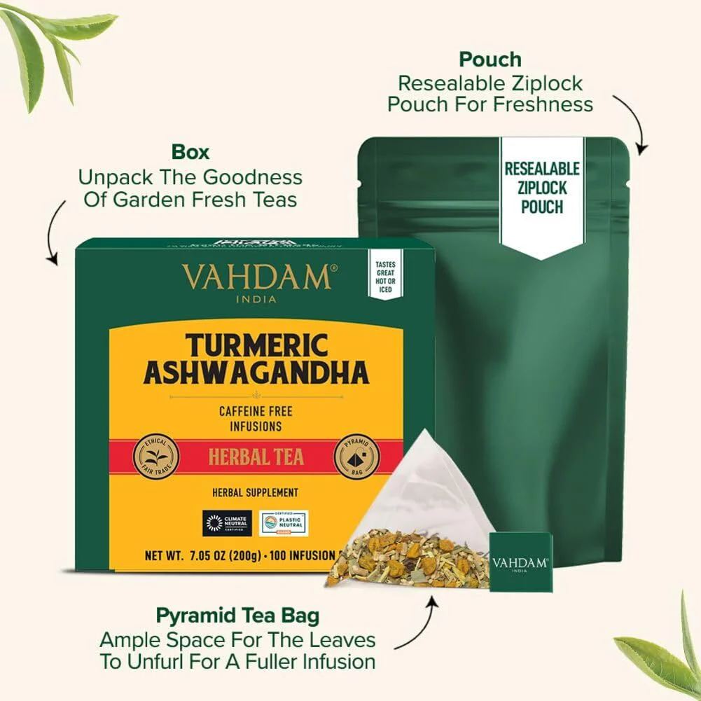 VAHDAM – Turmeric Ashwagandha Tea – Herbal – 100 Count – Caffeine free blend - Canadian Distribution - Ships Free Within Canada on Orders Above CAD $199 - Image 6