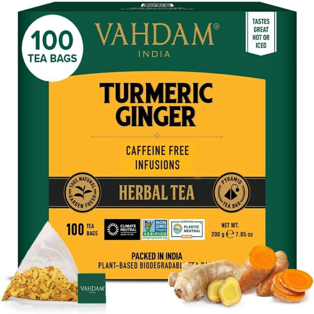 VAHDAM โ Turmeric Ginger Tea โ Herbal Pyramid Tea Bags โ 100 ct - Canadian Distribution - Ships Free Within Canada on Orders Above CAD $199