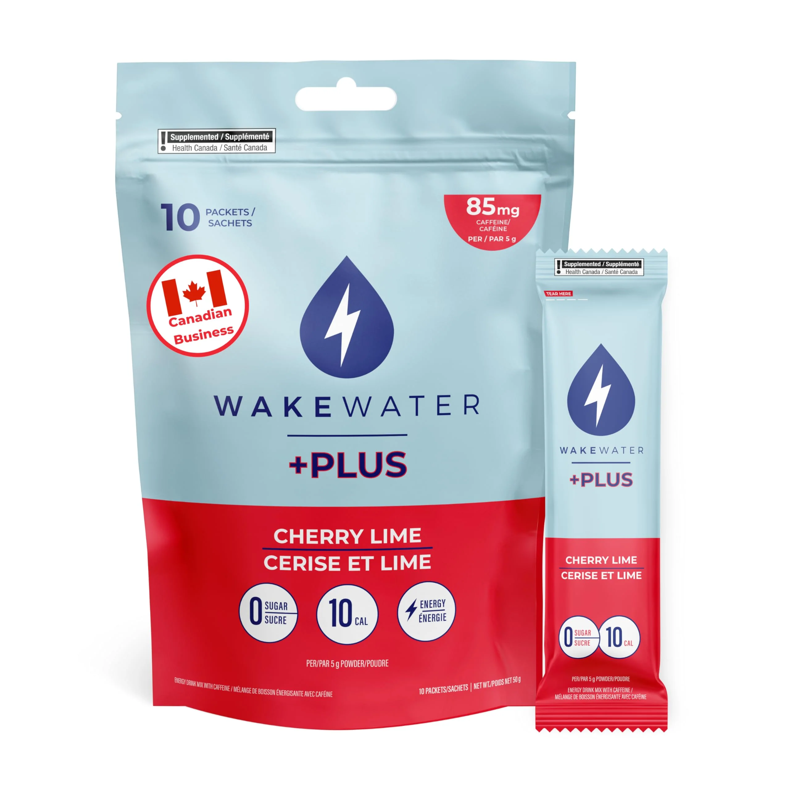 WakeWater Plus – Energy Powder – Cherry Lime – 10 Sticks – Natural green tea caffeine - Canadian Distribution - Ships Free Within Canada on Orders Above CAD $199