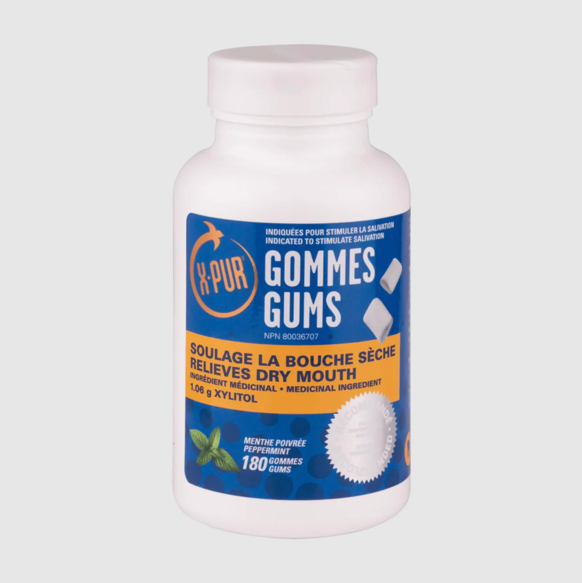 X PUR โ Xylitol Gum โ Peppermint โ 180 Count โ For dry mouth - Canadian Distribution - Ships Free Within Canada on Orders Above CAD $199