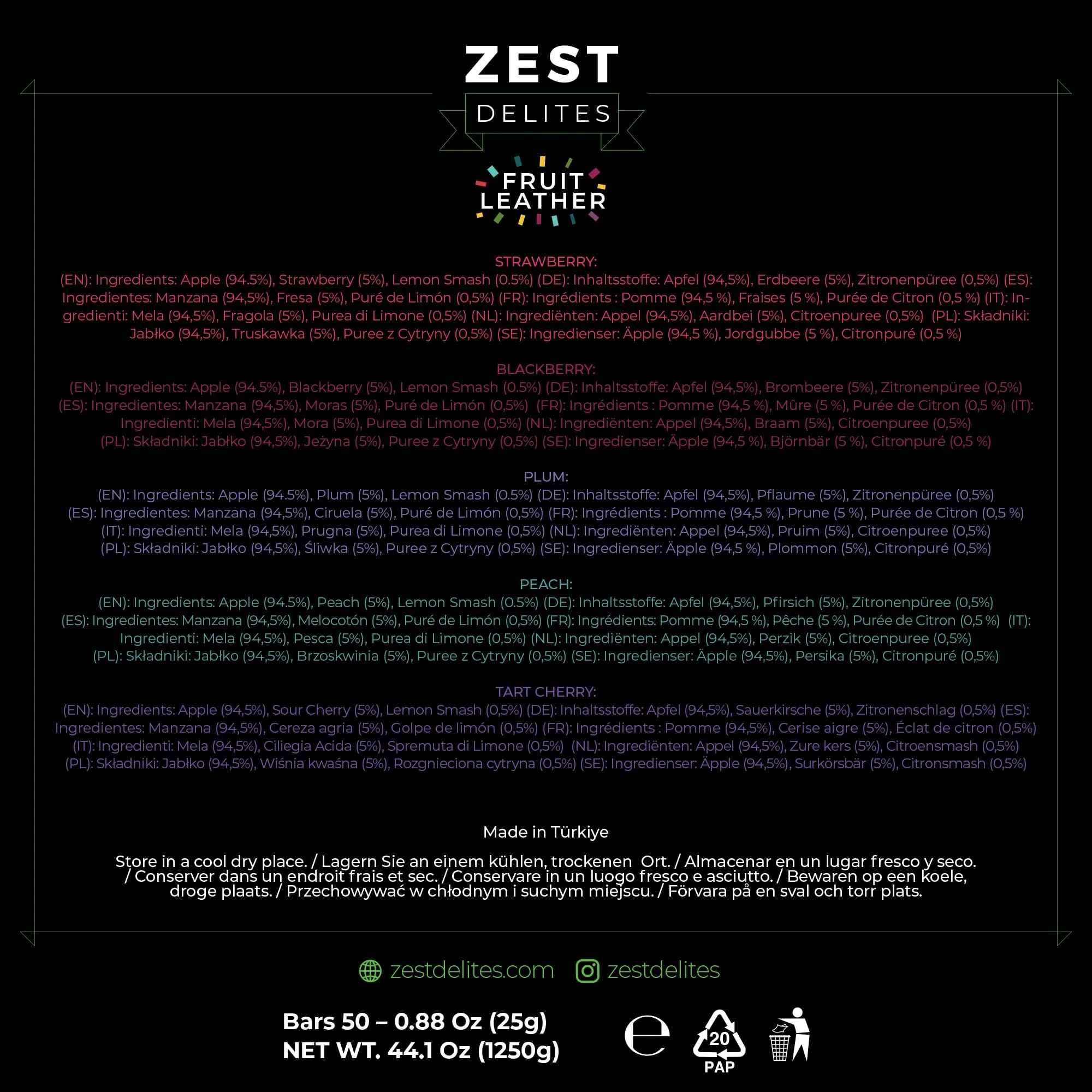 Zest Delites โ Fruit Leather Lavashak โ Mixed Fruit โ 50 ร 25g โ Individually wrapped - Canadian Distribution - Ships Free Within Canada on Orders Above CAD $199 - Image 2
