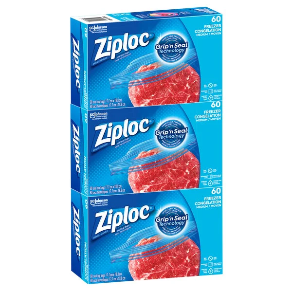 Ziploc Easy Open Medium Freezer Bags - 3 packs of 60 - Disposables, Restaurant Packaging and Take-Out Supplies - Canadian Distribution - Ships Free Within Canada on Orders Above CAD $199